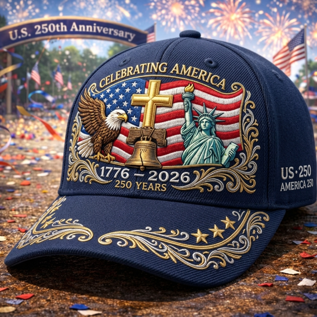 Celebrating America 1776-2026 250 Years Printed Cap Patriotic Eagle Liberty Bell Christian Father's Day Gift for Dad USA Flag