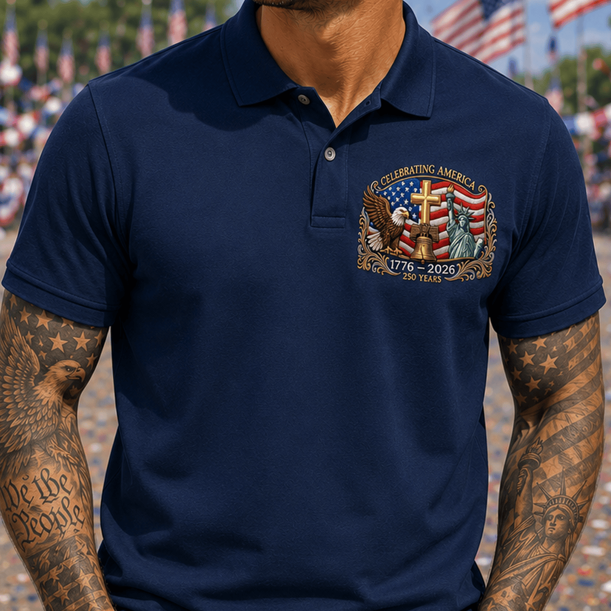 Celebrating America 1776-2026 250 Years Printed Polo Shirt Patriotic Eagle Liberty Bell Christian Father's Day Gift for Dad USA Flag