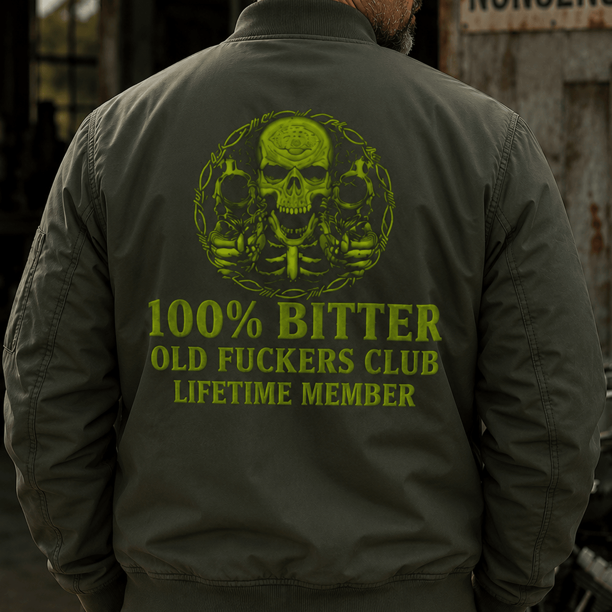 Old Fuckers Club Lifetime Member Printed Bomber Jacket Father’s Day Gift for Dad Grandpa Skull Vintage Biker Coat Patriotic Gift