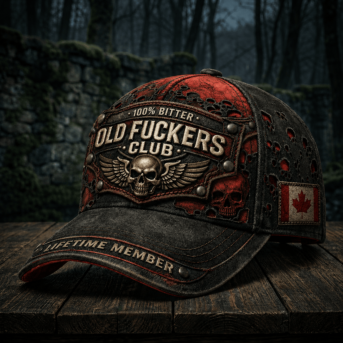 Bitter Old Fuckers Club Lifetime Member Printed Cap Canada Flag Skull Biker Hat Father’s Day Gift for Dad Grandpa