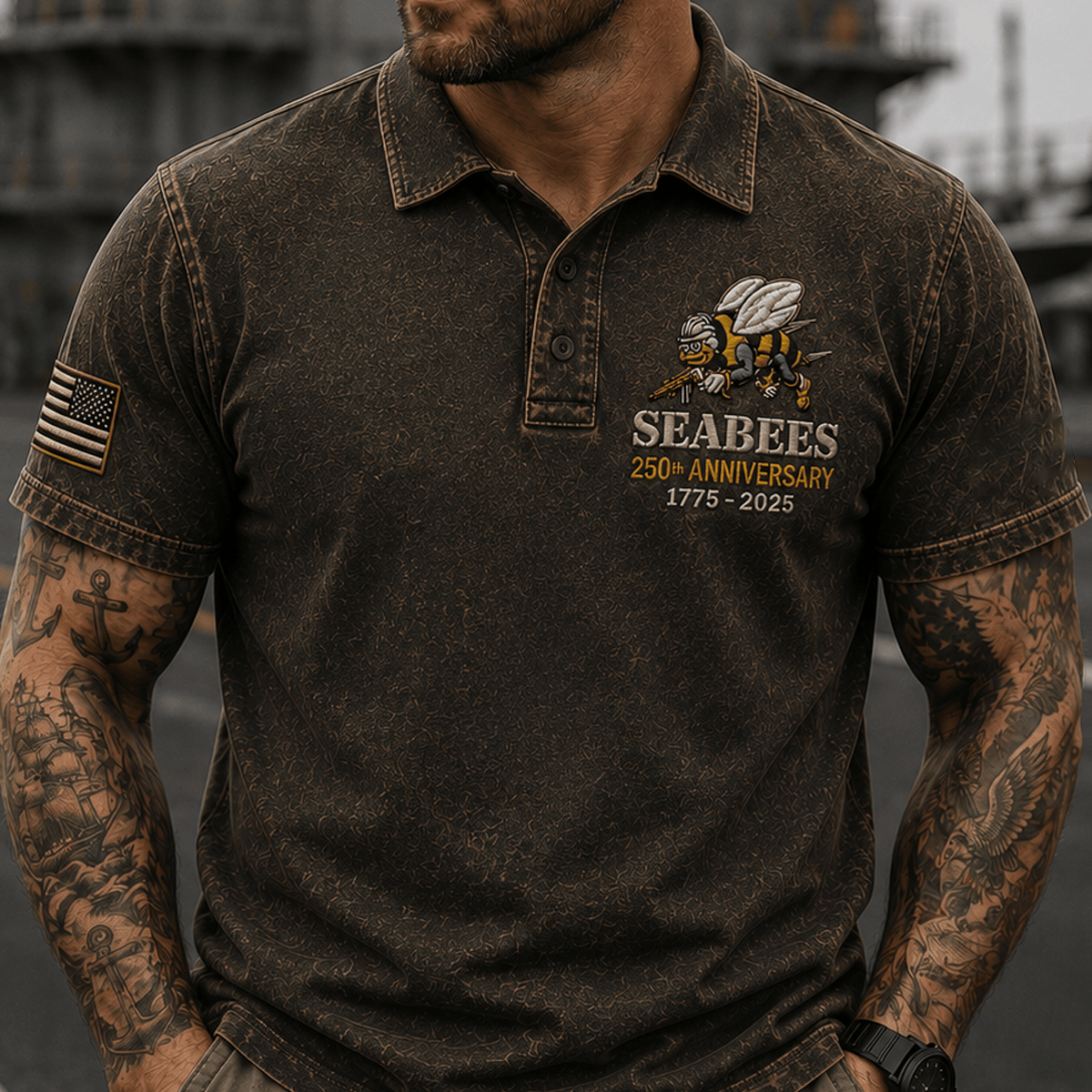 Seabees 250th Anniversary 1775-2025 Printed Polo Shirt US Navy Construction Battalion Veteran Gift Military Patriotic Apparel