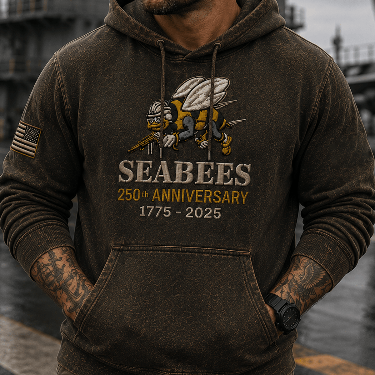Seabees 250th Anniversary 1775-2025 Printed Hoodie US Navy Construction Battalion Veteran Gift Military Patriotic Apparel