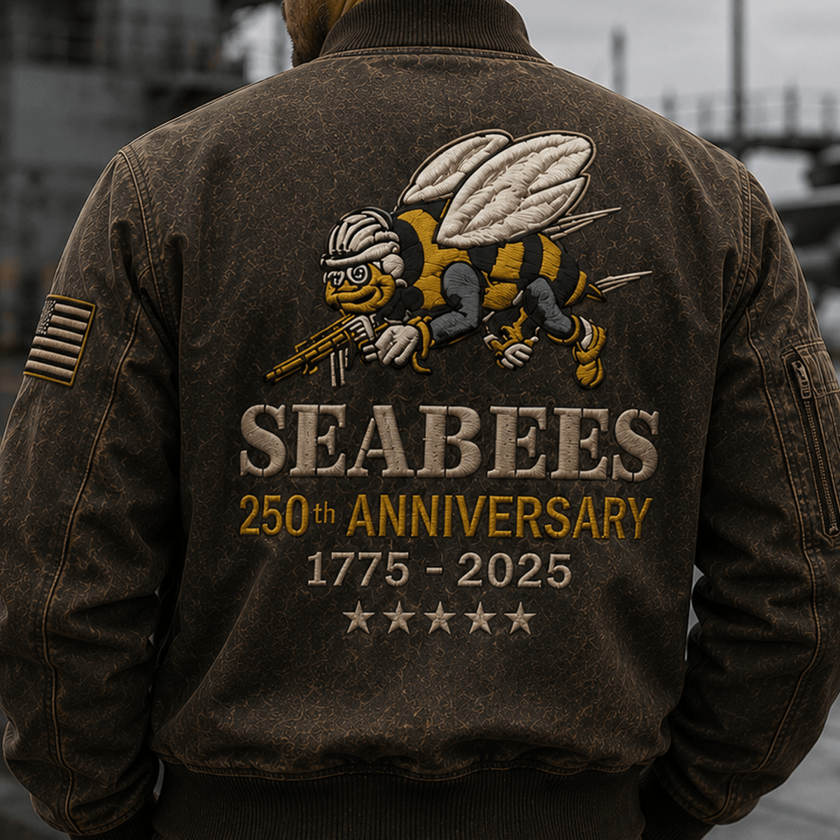 Seabees 250th Anniversary 1775-2025 Printed Bomber Jacket US Navy Construction Battalion Veteran Gift Military Patriotic Apparel