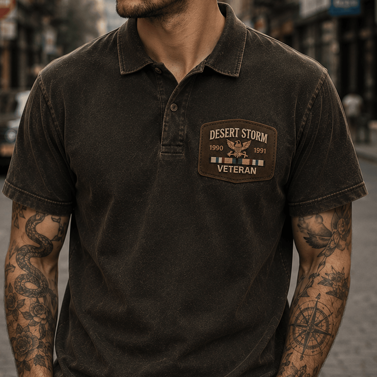 Desert Storm Veteran 1990-1991 Printed Polo Shirt Gulf War Veteran Gift Military Service Appreciation Patriotic Apparel