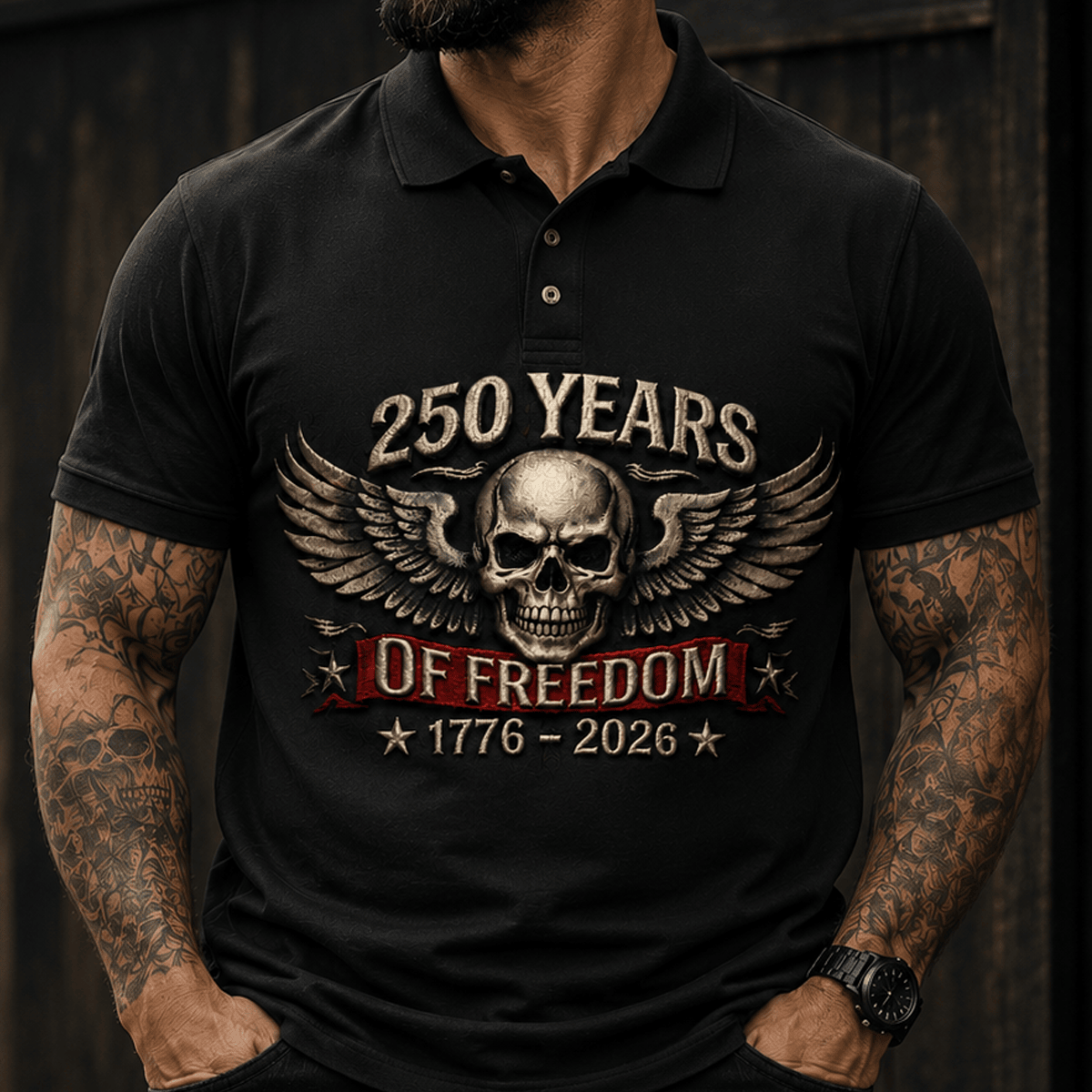 250 Years Of Freedom 1776-2026 Printed Polo Shirt Skull Wings Patriotic Anniversary Gift Independence Day Apparel