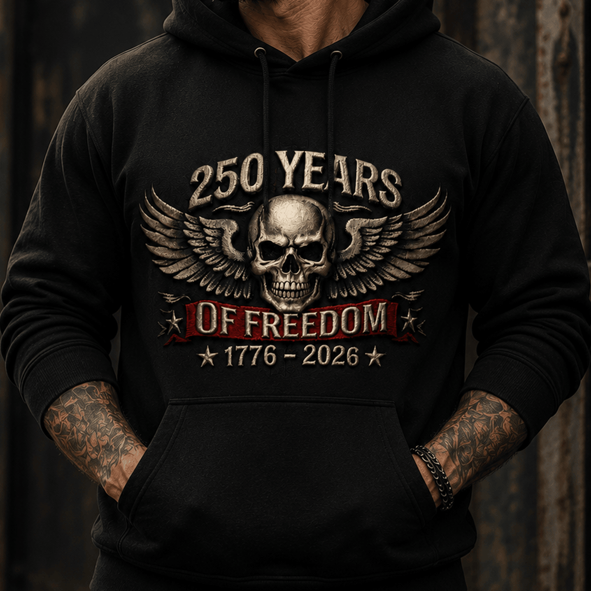 250 Years Of Freedom 1776-2026 Printed Hoodie Skull Wings Patriotic Anniversary Gift Independence Day Apparel
