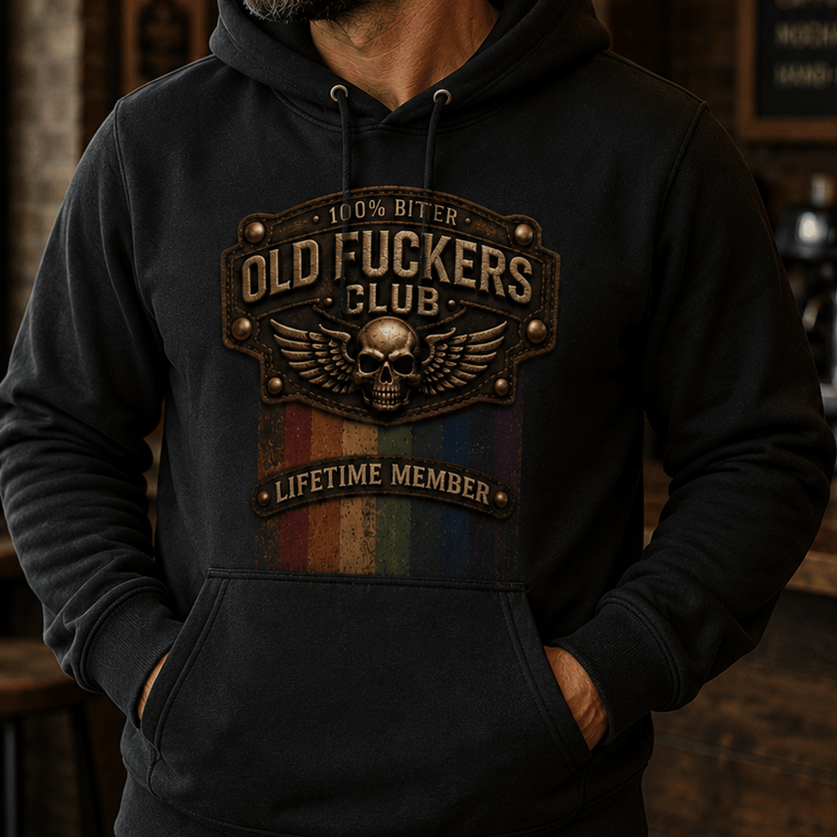 Old Fuckers Club Lifetime Member Printed Hoodie, Vintage Skull Biker Hooded Sweatshirt, Retro Motorcycle Gift for Men