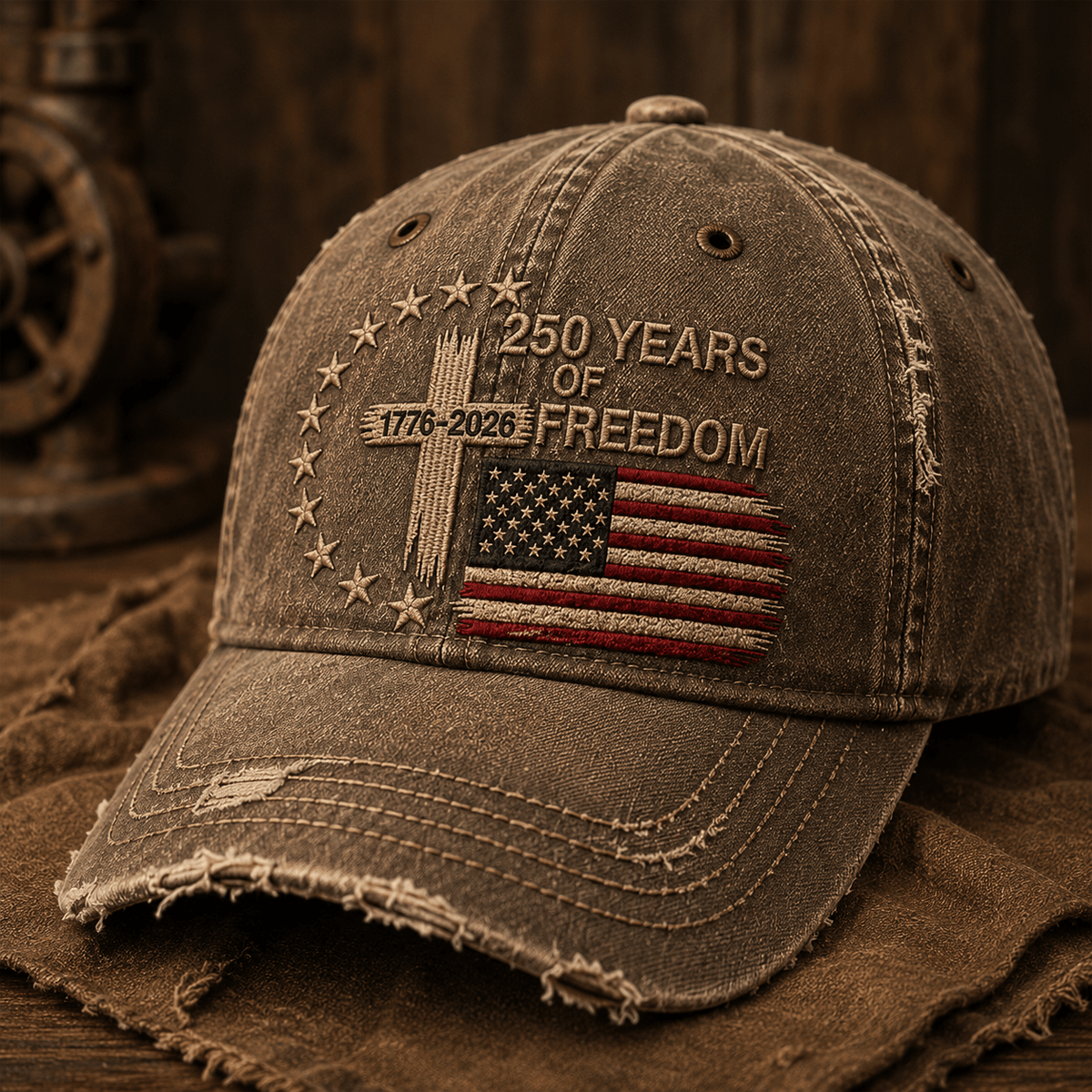 250 Years Of Freedom 1776-2026 Printed Cap, Christian Cross USA Flag Hat, Patriotic Distressed Baseball Cap, Veteran Gift