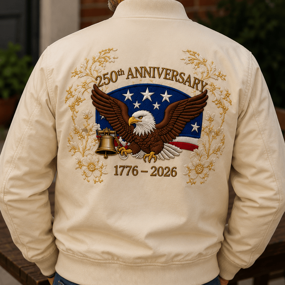 250th Anniversary 1776-2026 Printed Bomber Jacket, American Eagle Liberty Bell USA Flag Jacket, Patriotic Anniversary Gift