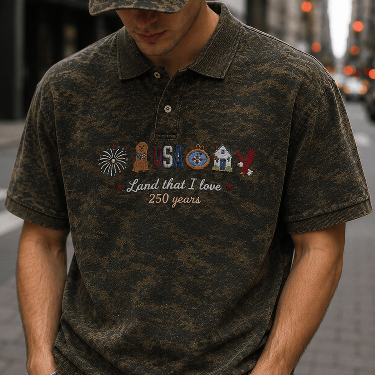 USA Land That I Love 250 Years Printed Polo Shirt, Patriotic America 250th Anniversary Polo, USA Heritage Gift for Men
