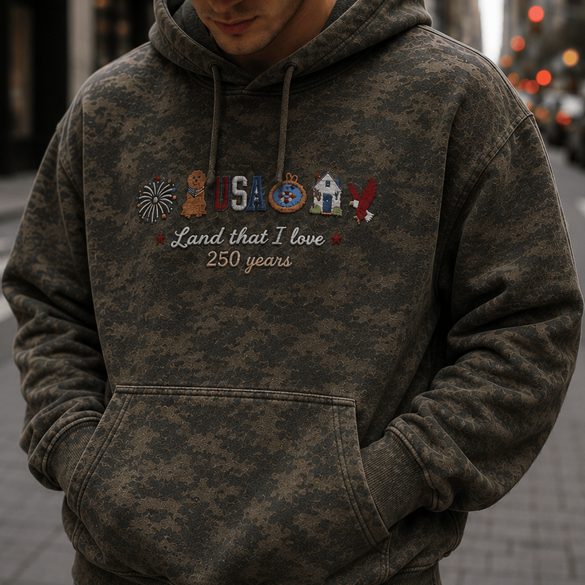 USA Land That I Love 250 Years Printed Hoodie, Patriotic America Anniversary Hoodie, Independence Day USA Gift for Men