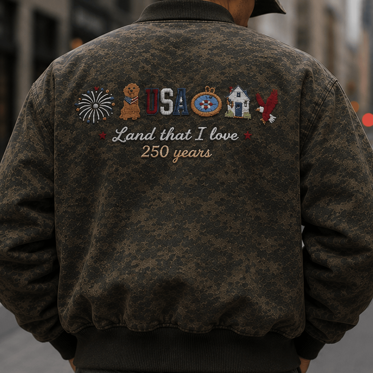 USA Land That I Love 250 Years Printed Bomber Jacket, Patriotic America 250th Anniversary Jacket, USA Heritage Gift