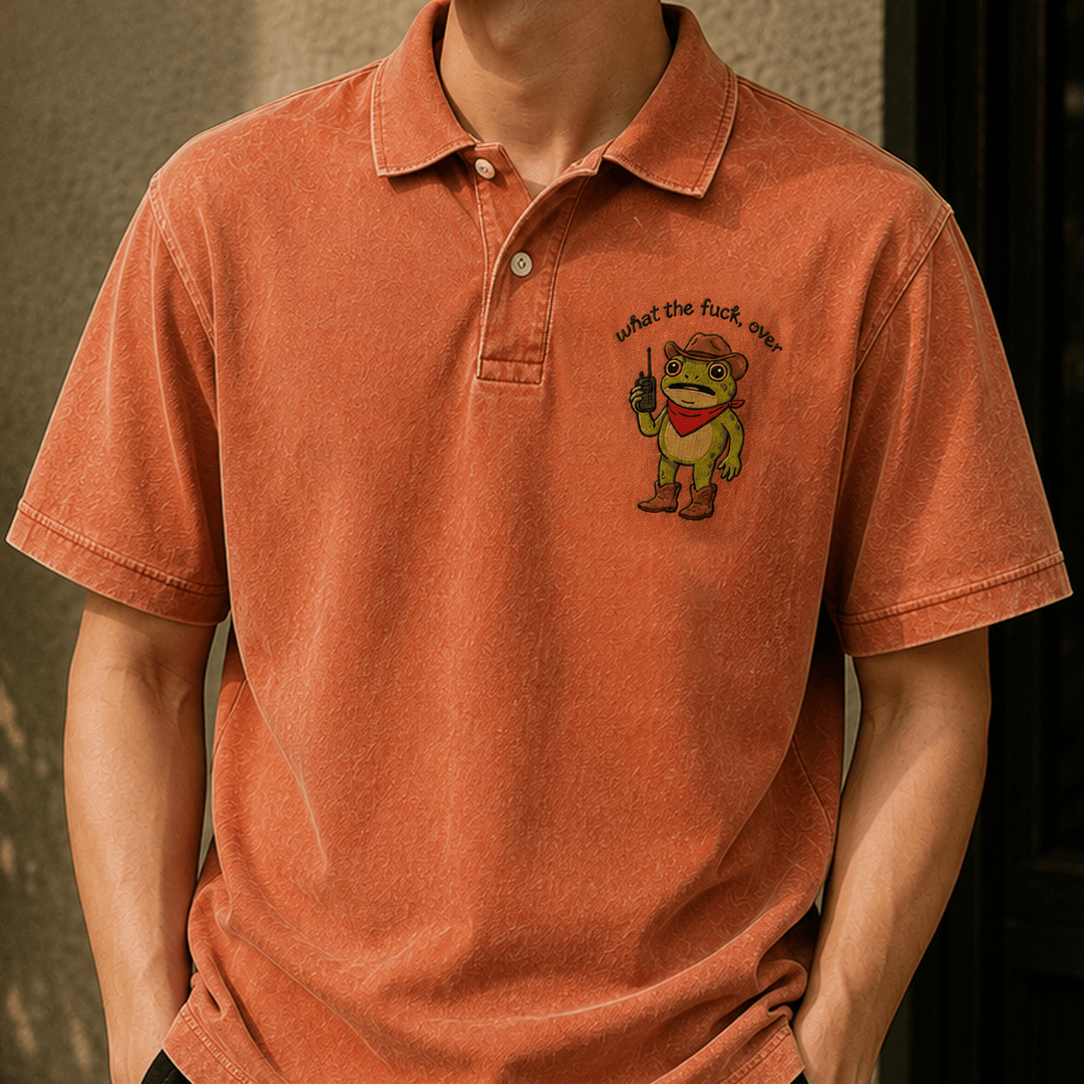 What The Fuck, Over Frog Printed Polo Shirt, Funny Cowboy Frog Polo, Vintage Humor Gift for Dad Grandpa Casual Wear