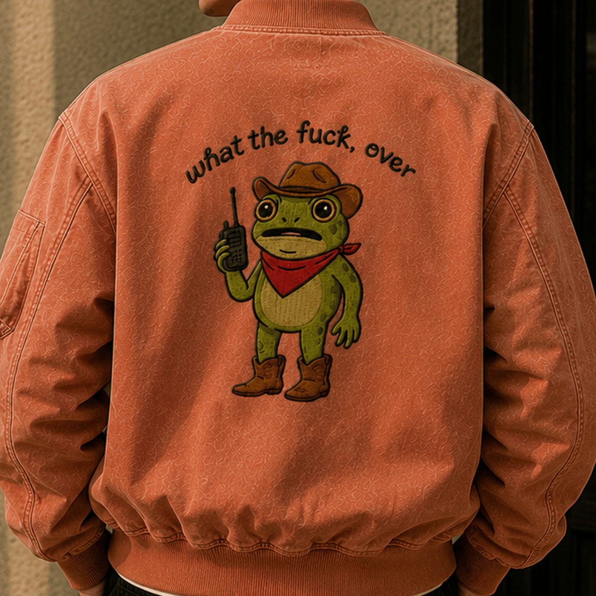 What The Fuck, Over Frog Printed Bomber Jacket, Funny Cowboy Frog Graphic Jacket, Vintage Humor Gift for Dad Grandpa