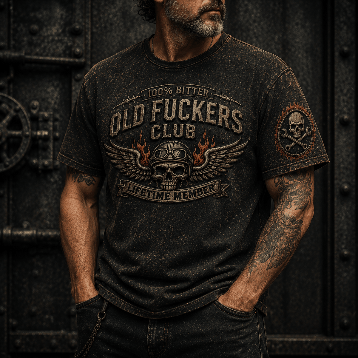 Bitter Old Fuckers Club Lifetime Member Printed T-Shirt Vintage Skull Biker Gift for Dad Grandpa Motorcycle Rider Graphic