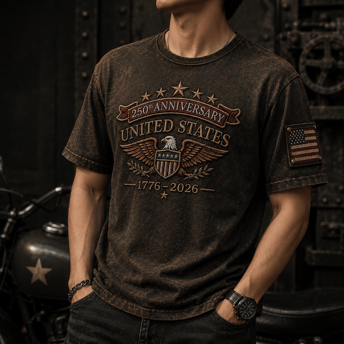 250th Anniversary United States 1776-2026 Printed T-Shirt Patriotic American Eagle USA Flag Independence Day Gift for Men