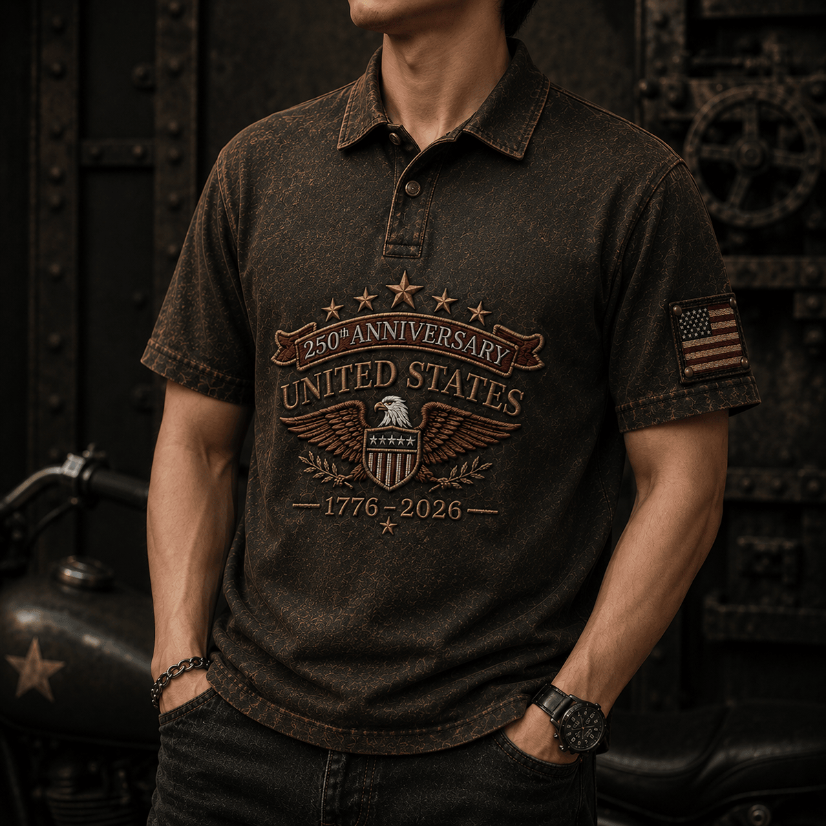 250th Anniversary United States 1776-2026 Printed Polo Shirt Patriotic American Eagle USA Flag Independence Day Gift for Men