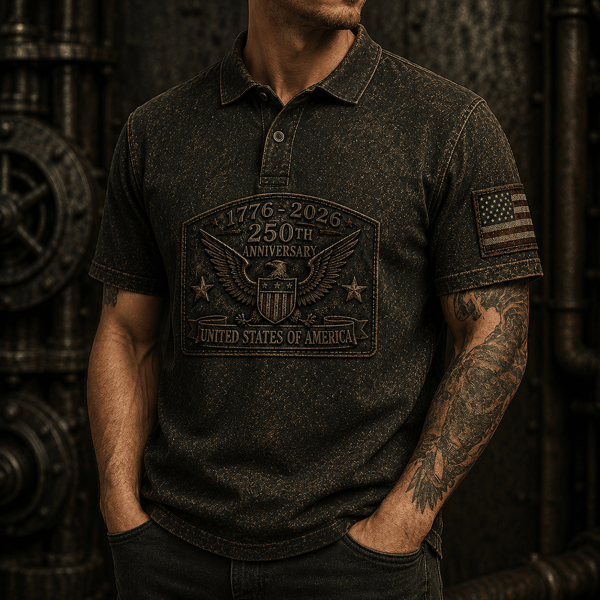 1776-2026 250th Anniversary United States Of America Printed Polo Shirt Patriotic USA Flag American Eagle Independence Day Gift for Men