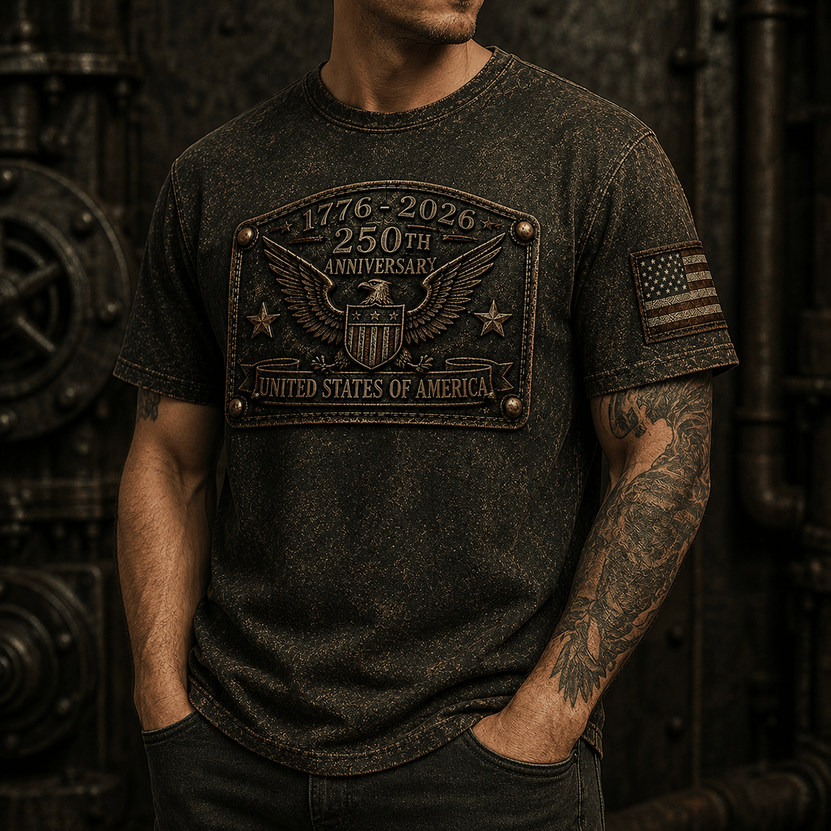 1776-2026 250th Anniversary United States Of America Printed T-Shirt Patriotic USA Flag American Eagle Independence Day Gift for Men