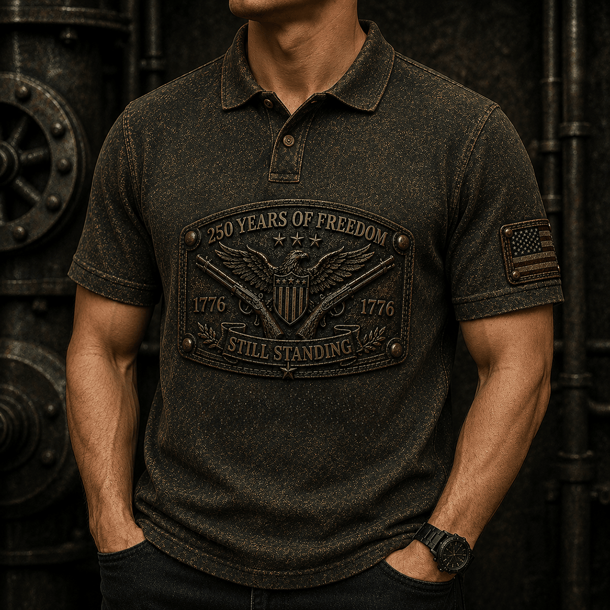 250 Years Of Freedom Still Standing Printed Polo Shirt Patriotic American Eagle USA Flag Independence Day Gift for Men