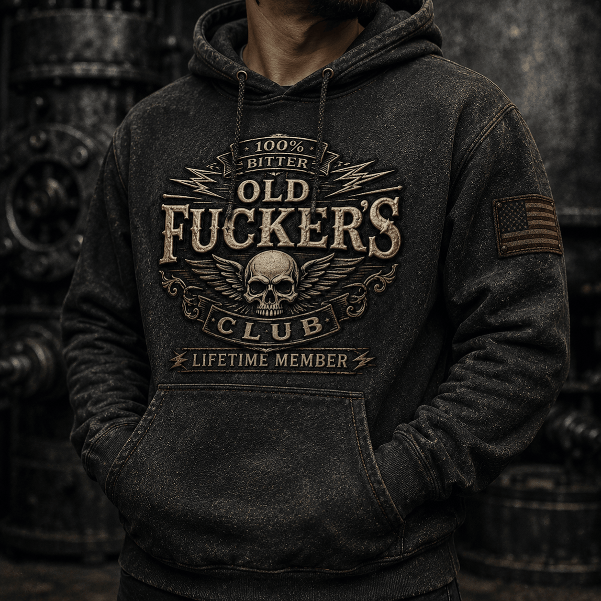 Bitter Old Fucker's Club Lifetime Member Printed Hoodie Funny Gift for Dad Patriotic Skull USA Flag Graphic