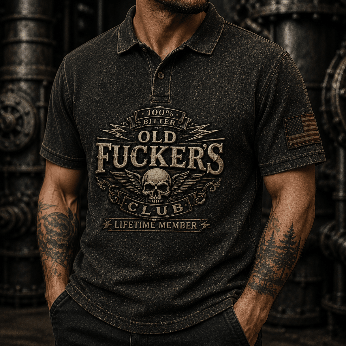 Bitter Old Fucker's Club Lifetime Member Printed Polo Shirt Funny Gift for Dad Patriotic Skull USA Flag Graphic