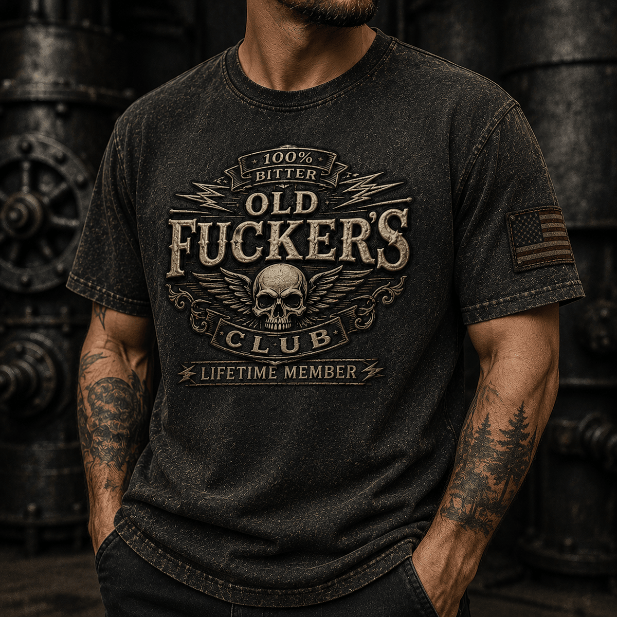 Bitter Old Fucker's Club Lifetime Member Printed T-Shirt Funny Gift for Dad Patriotic Skull USA Flag Graphic