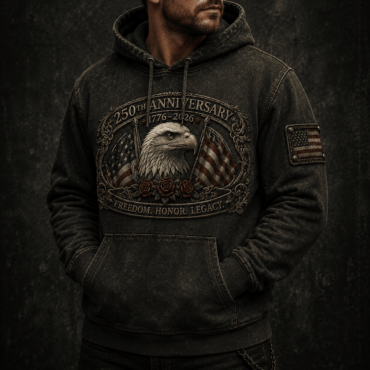250th Anniversary 1776-2026 Freedom Honor Legacy Printed Hoodie Patriotic Eagle USA Flag Independence Day Gift for Men