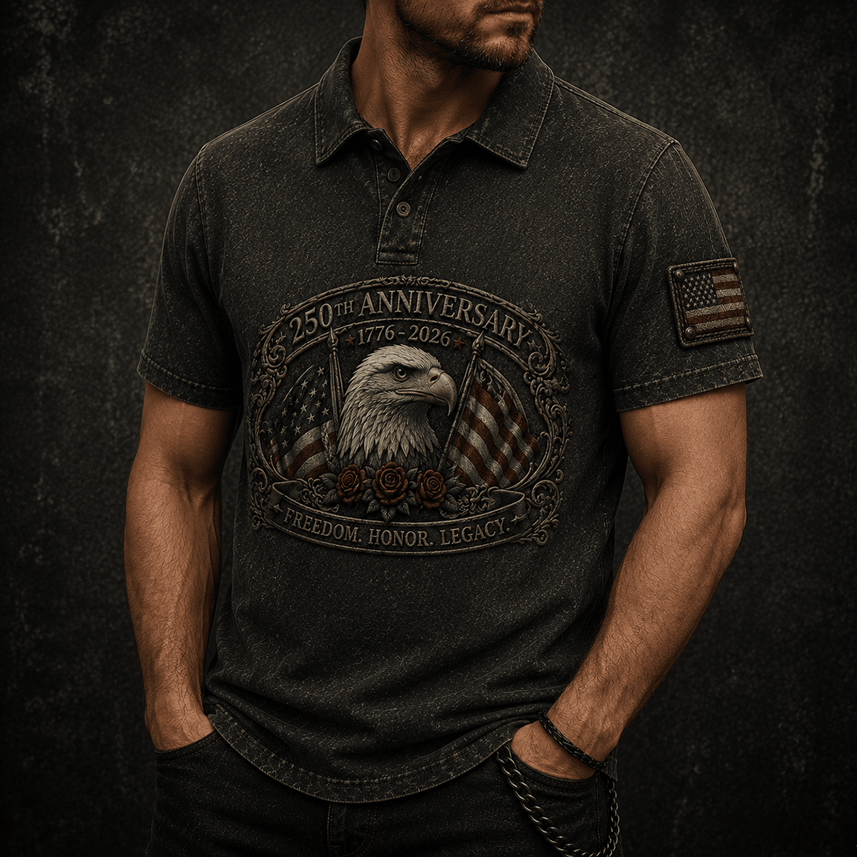 250th Anniversary 1776-2026 Freedom Honor Legacy Printed Polo Shirt Patriotic Eagle USA Flag Independence Day Gift for Men