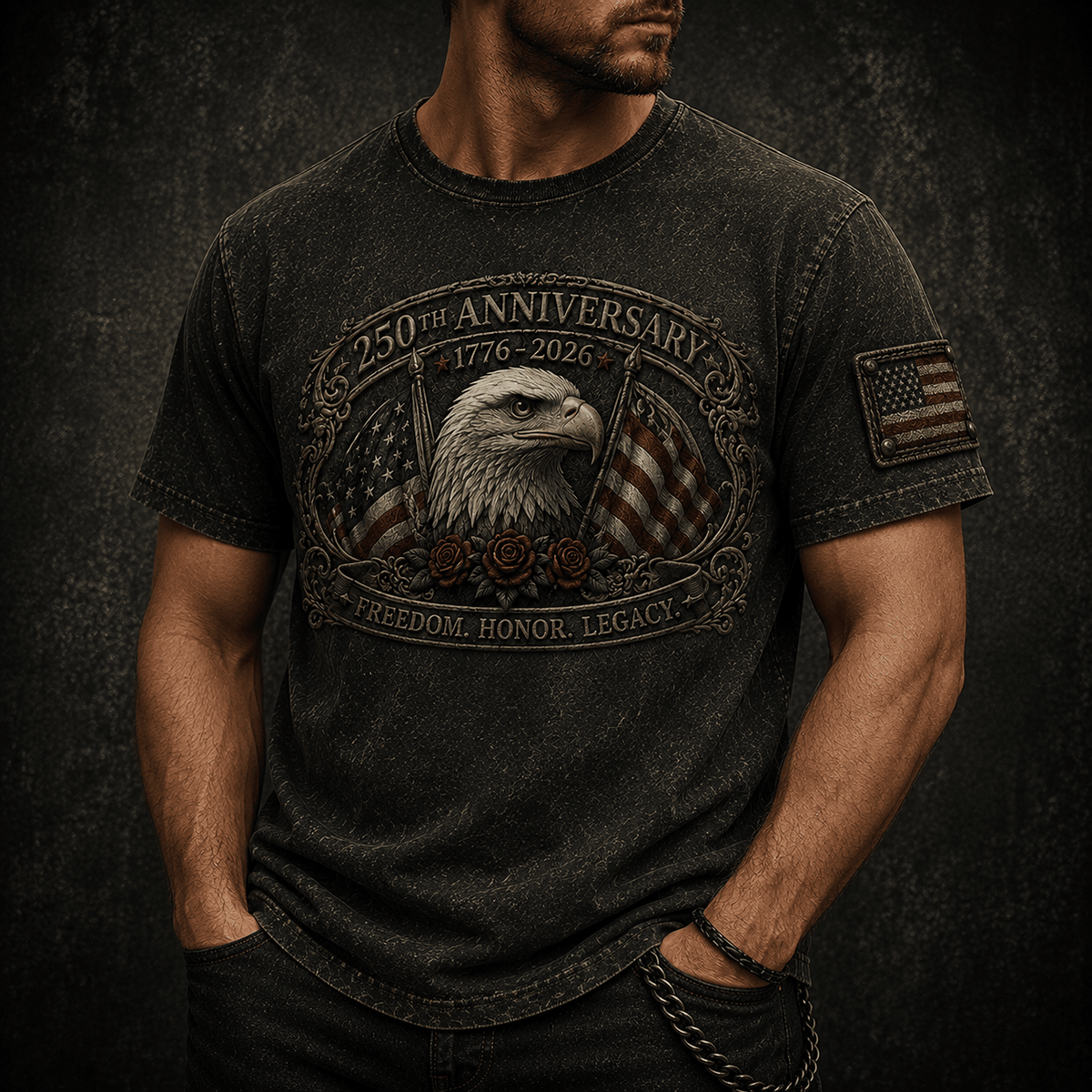 250th Anniversary 1776-2026 Freedom Honor Legacy Printed T-Shirt Patriotic Eagle USA Flag Independence Day Gift for Men