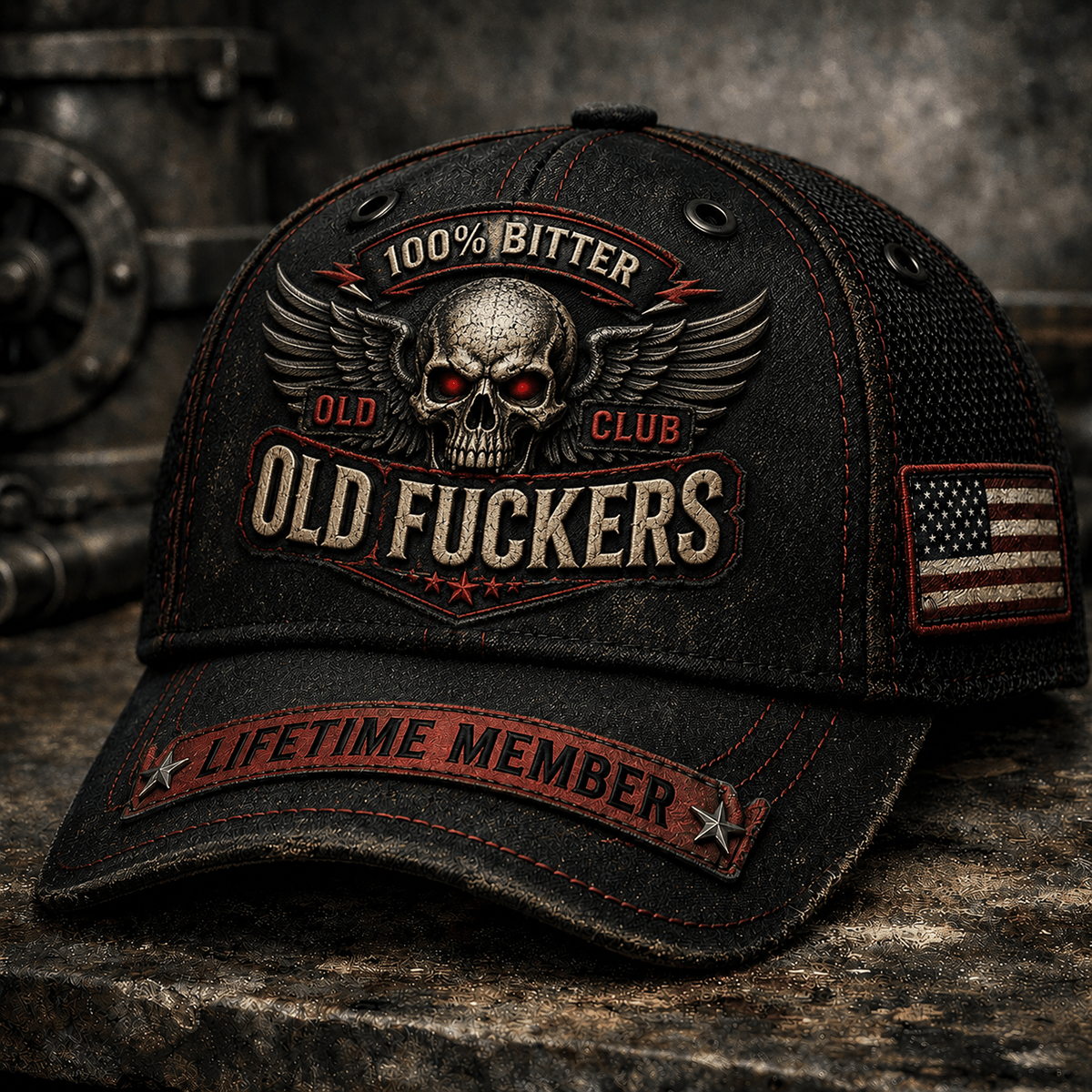 Bitter Old Fucker's Club Lifetime Member Printed Vintage Mesh Cap Skull USA Flag Trucker Hat Gift for Dad Grandpa