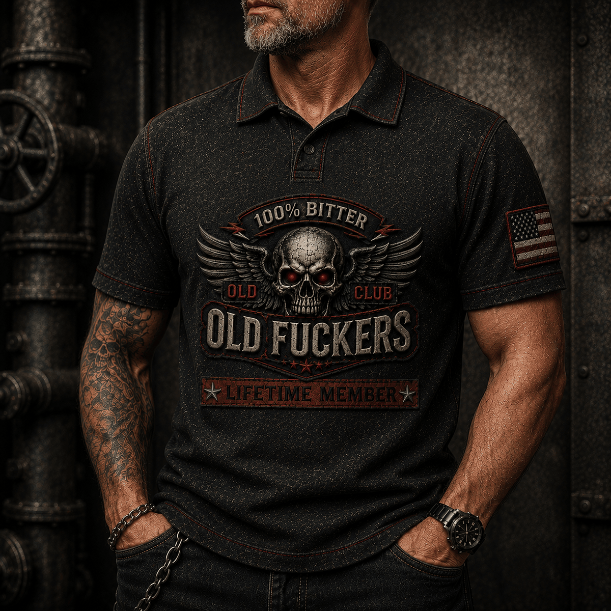 Bitter Old Fucker's Club Lifetime Member Printed Polo Shirt Skull USA Flag Graphic Funny Gift for Dad Grandpa