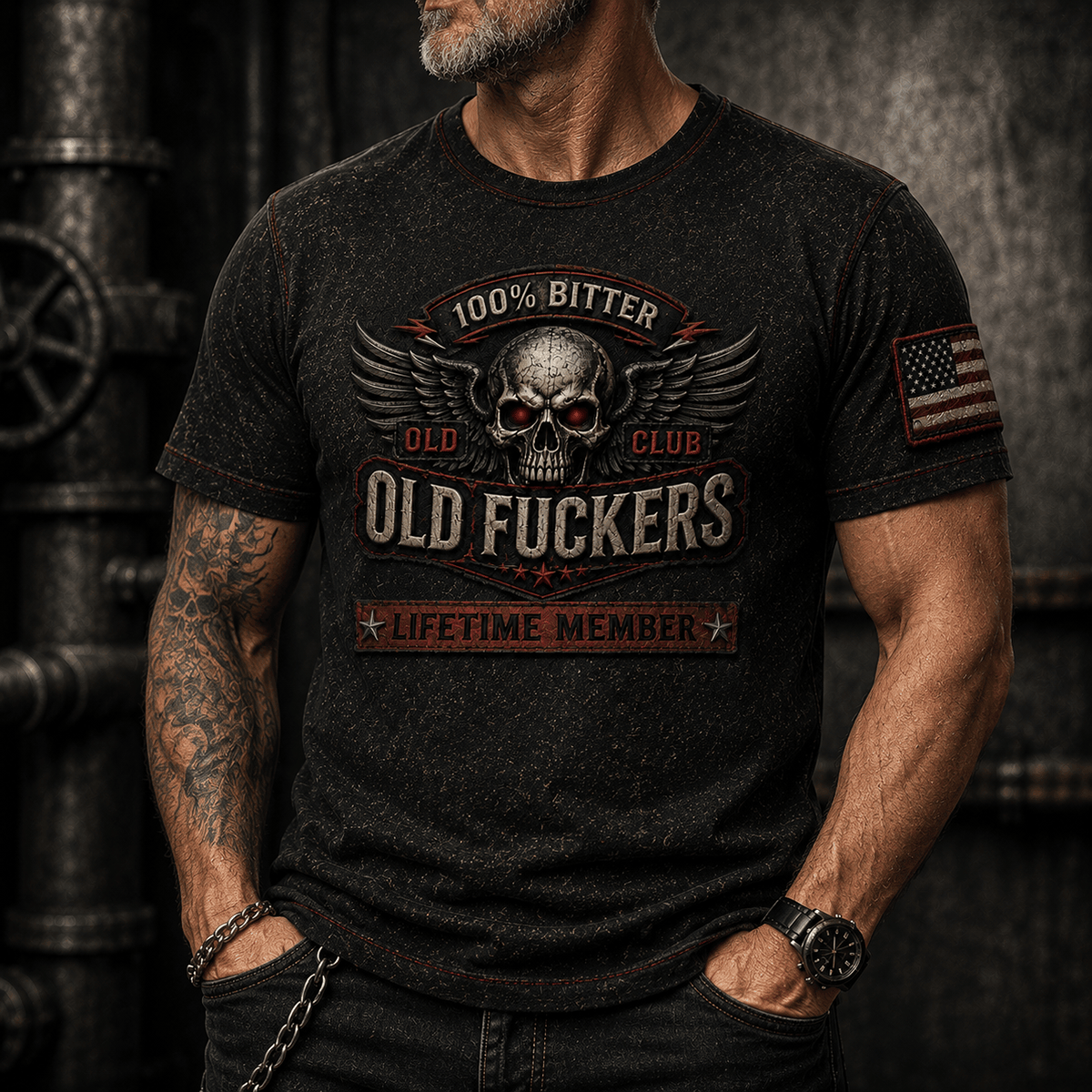 Bitter Old Fucker's Club Lifetime Member Printed T-Shirt Skull USA Flag Graphic Funny Gift for Dad Grandpa