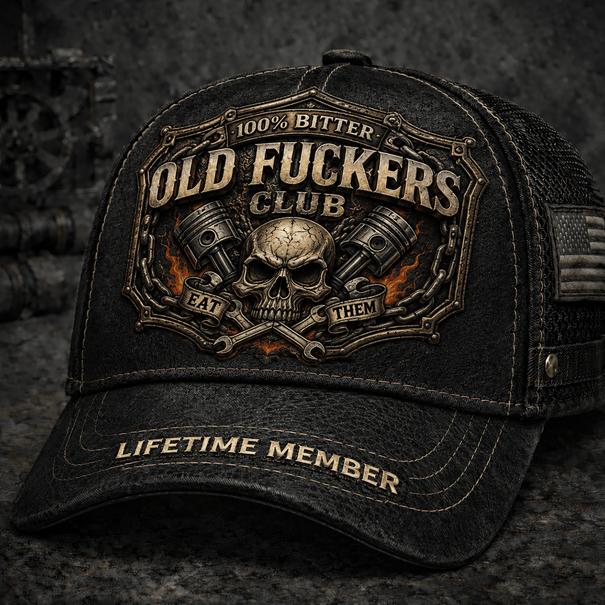 Bitter Old Fucker's Club Eat Them Lifetime Member Printed Vintage Mesh Cap Skull Mechanic Trucker Hat Gift for Dad Grandpa