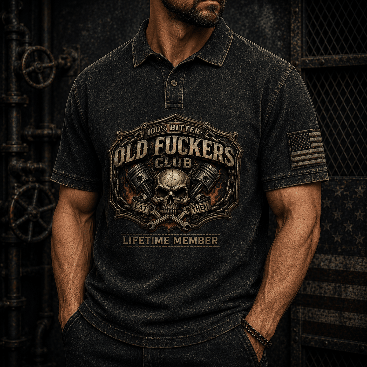 Bitter Old Fucker's Club Eat Them Lifetime Member Printed Polo Shirt Skull Mechanic Graphic Funny Gift for Dad Grandpa