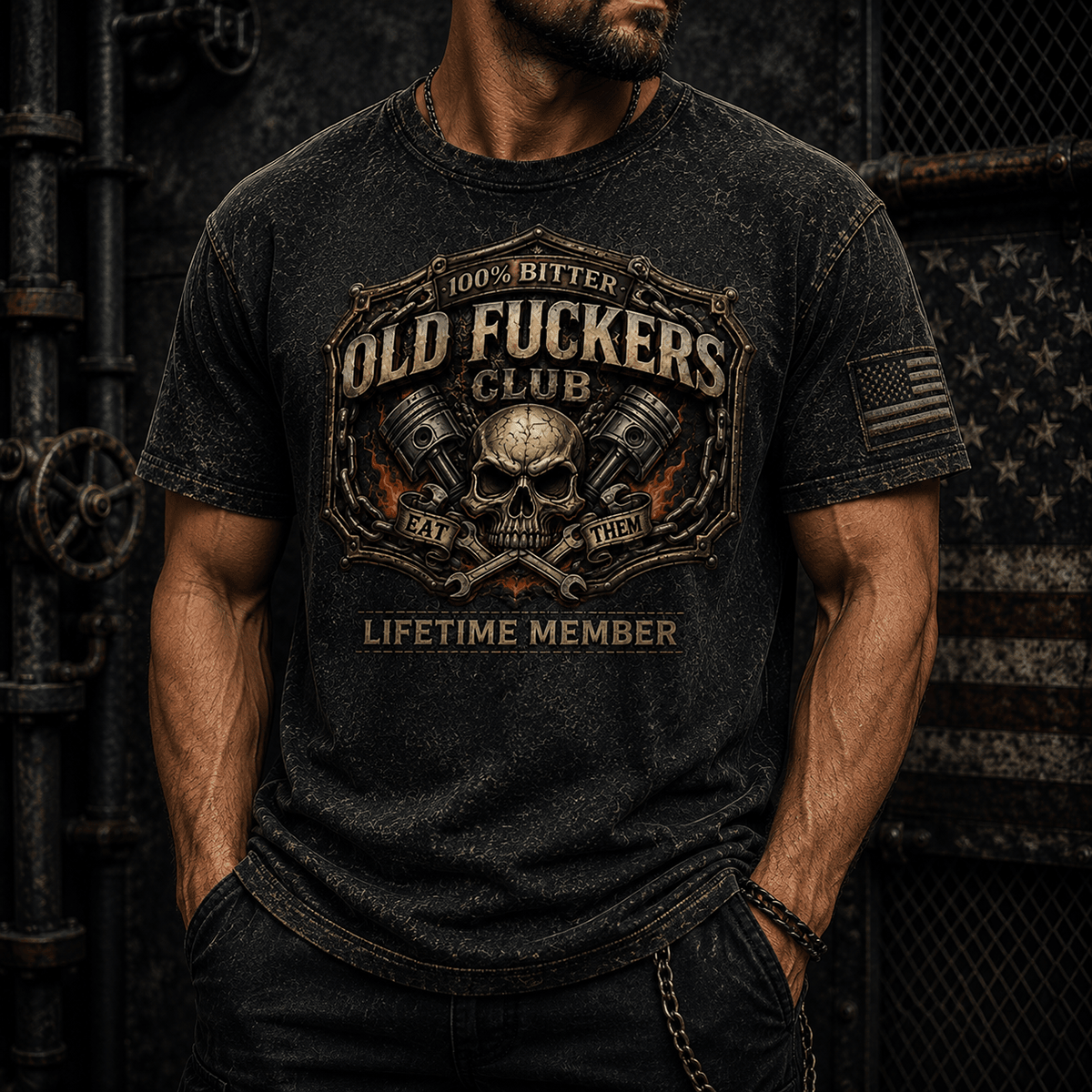 Bitter Old Fucker's Club Eat Them Lifetime Member Printed T-Shirt Skull Mechanic Graphic Funny Gift for Dad Grandpa