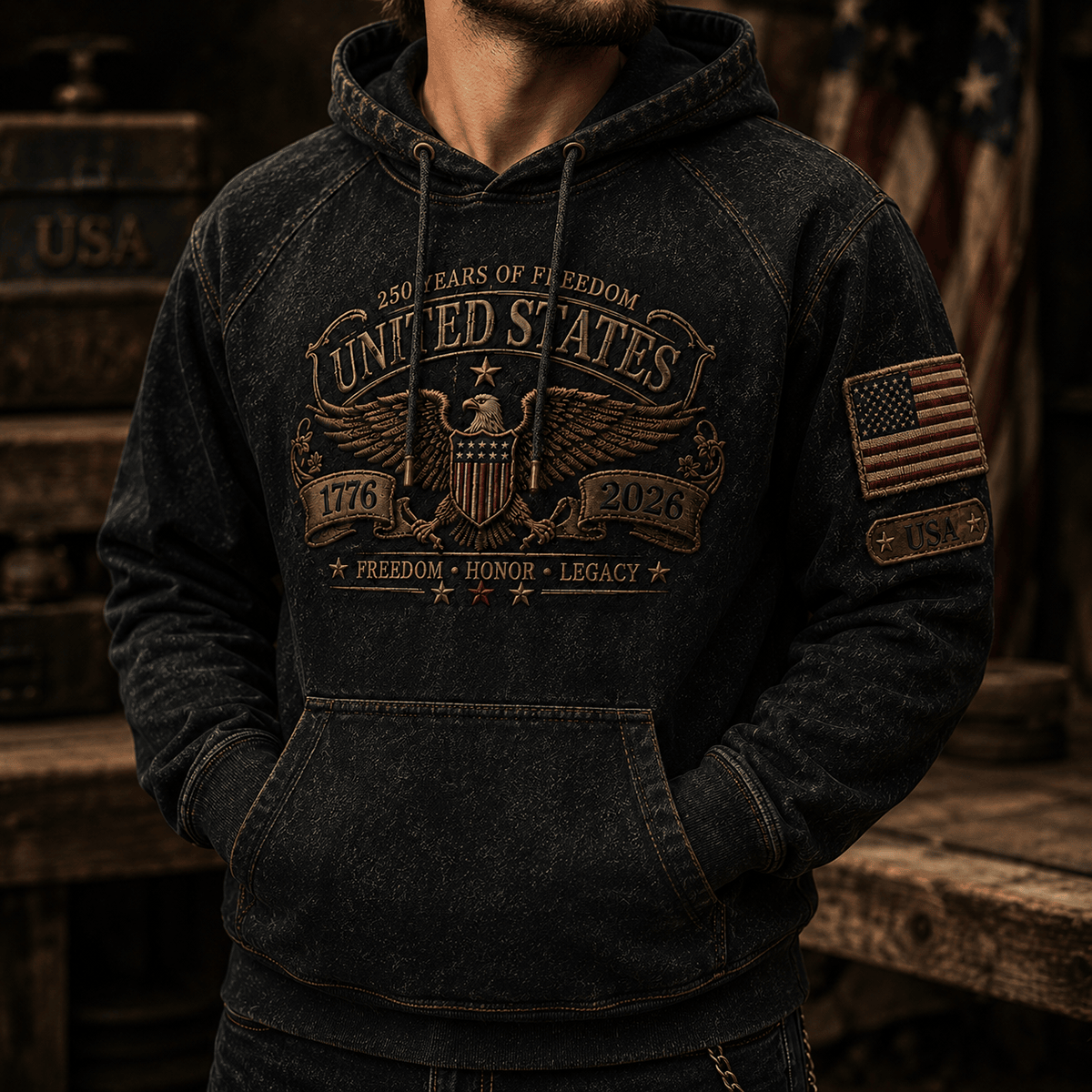 250 Years of Freedom United States 1776 2026 Freedom Honor Legacy Printed Hoodie Patriotic USA 250th Anniversary Gift for Dad Veteran