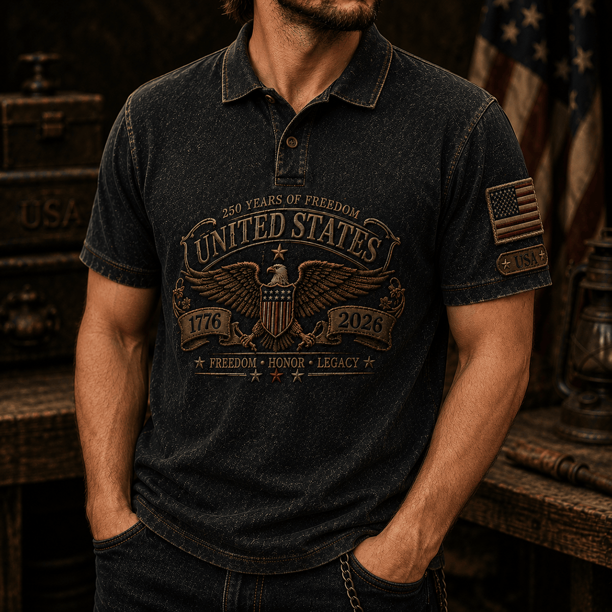 250 Years of Freedom United States 1776 2026 Freedom Honor Legacy Printed Polo Shirt Patriotic USA 250th Anniversary Gift for Dad Veteran