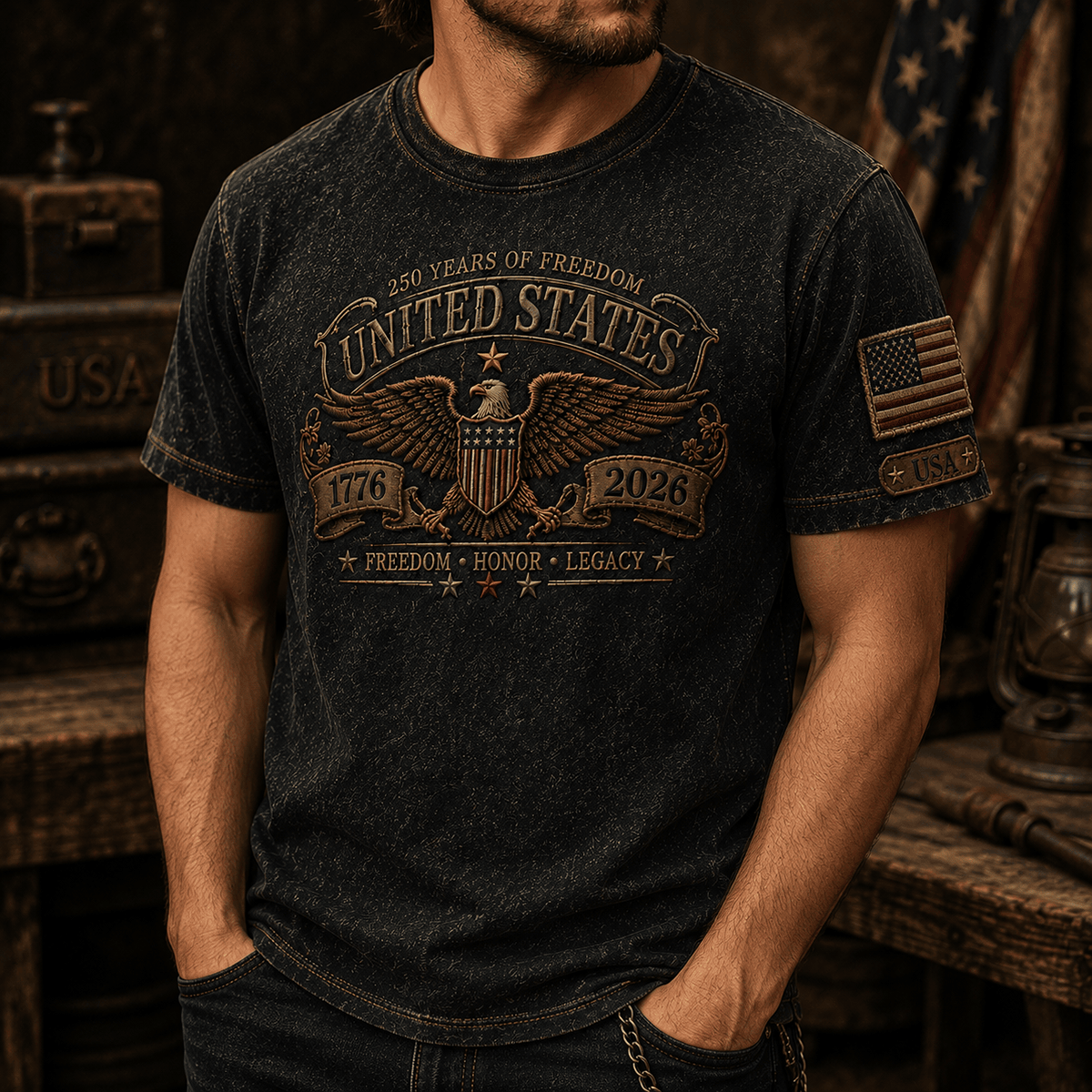 250 Years of Freedom United States 1776 2026 Freedom Honor Legacy Printed T-Shirt Patriotic USA 250th Anniversary Gift for Dad Veteran