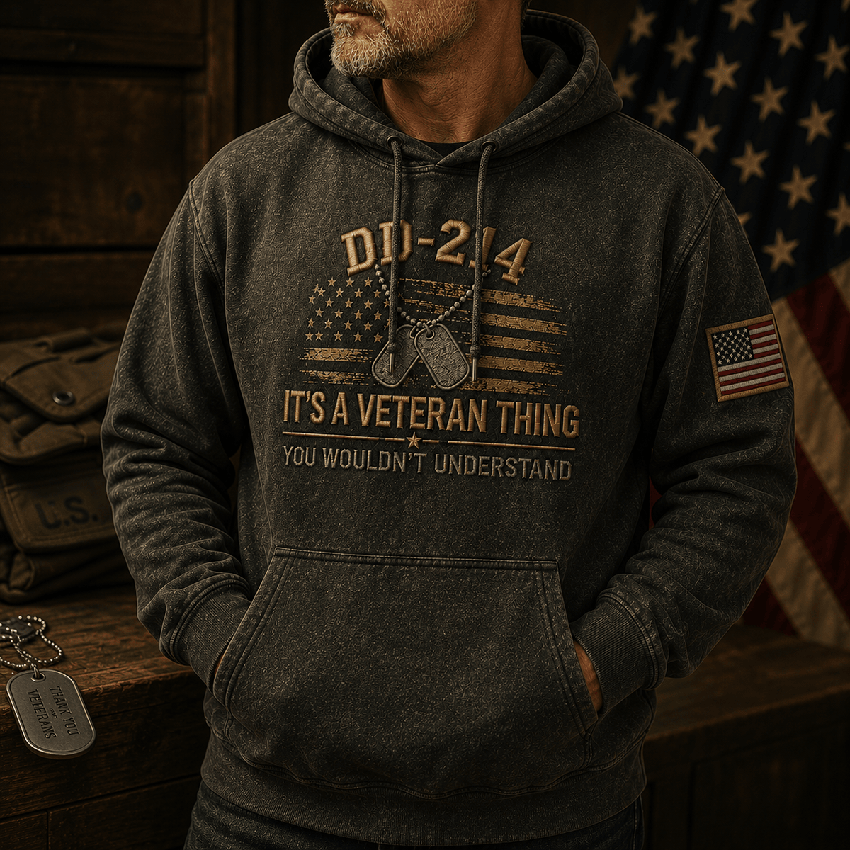DD-214 It's A Veteran Thing You Wouldn't Understand Printed Hoodie Military Veteran Gift for Dad Patriotic USA Memorial Day