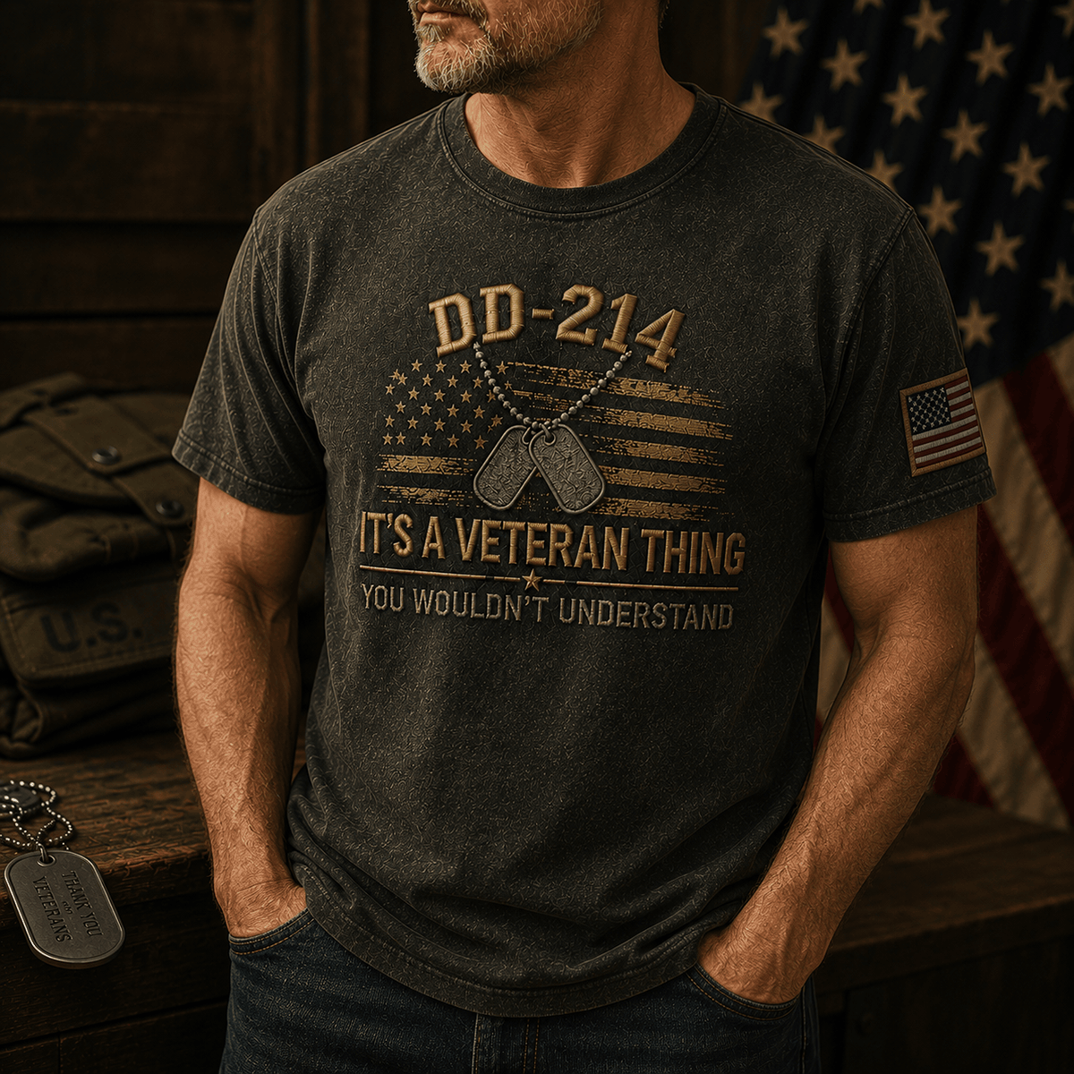 DD-214 It's A Veteran Thing You Wouldn't Understand Printed T-Shirt Military Veteran Gift for Dad Patriotic USA Memorial Day