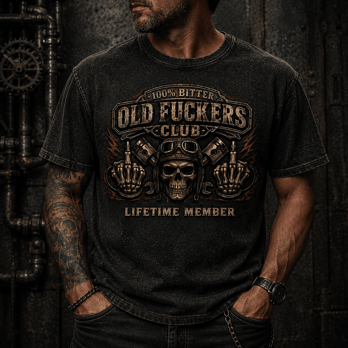 Bitter Old Fuckers Club Lifetime Member Printed T-Shirt Skull Biker Mechanic Gift for Dad Patriotic USA Veteran