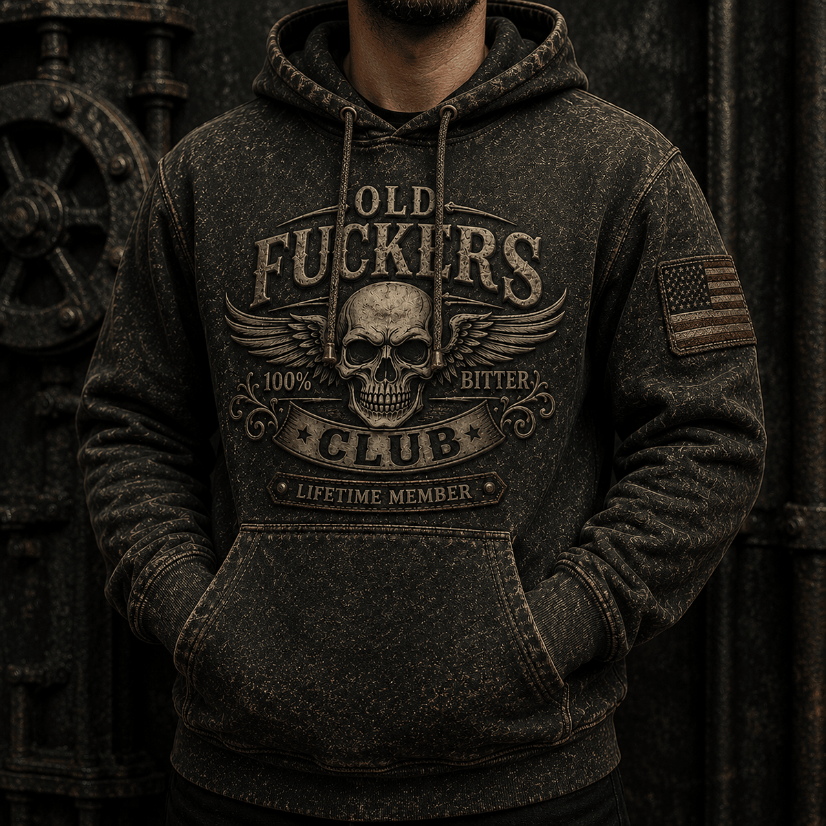 Old Fuckers Club Bitter Lifetime Member Printed Hoodie Skull Biker Mechanic Gift for Dad USA Veteran Gift