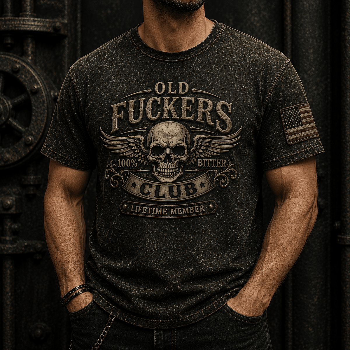 Old Fuckers Club Bitter Lifetime Member Printed T-Shirt Skull Biker Mechanic Gift for Dad USA Veteran