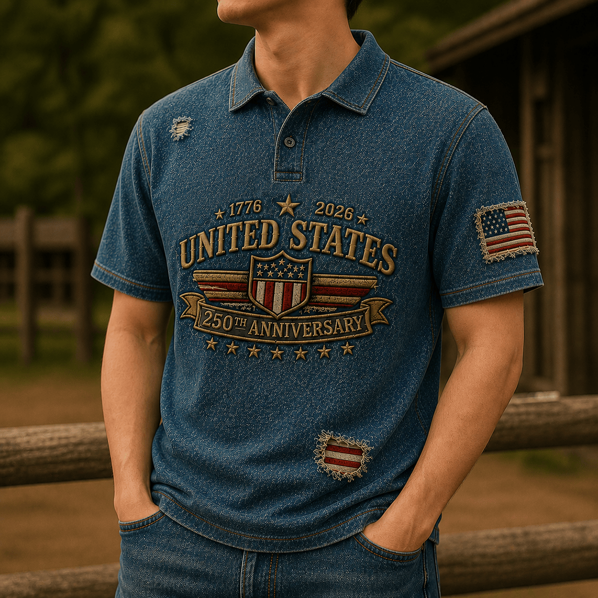 1776 2026 United States 250th Anniversary Printed Polo Shirt Patriotic USA Independence Day Fourth of July Gift