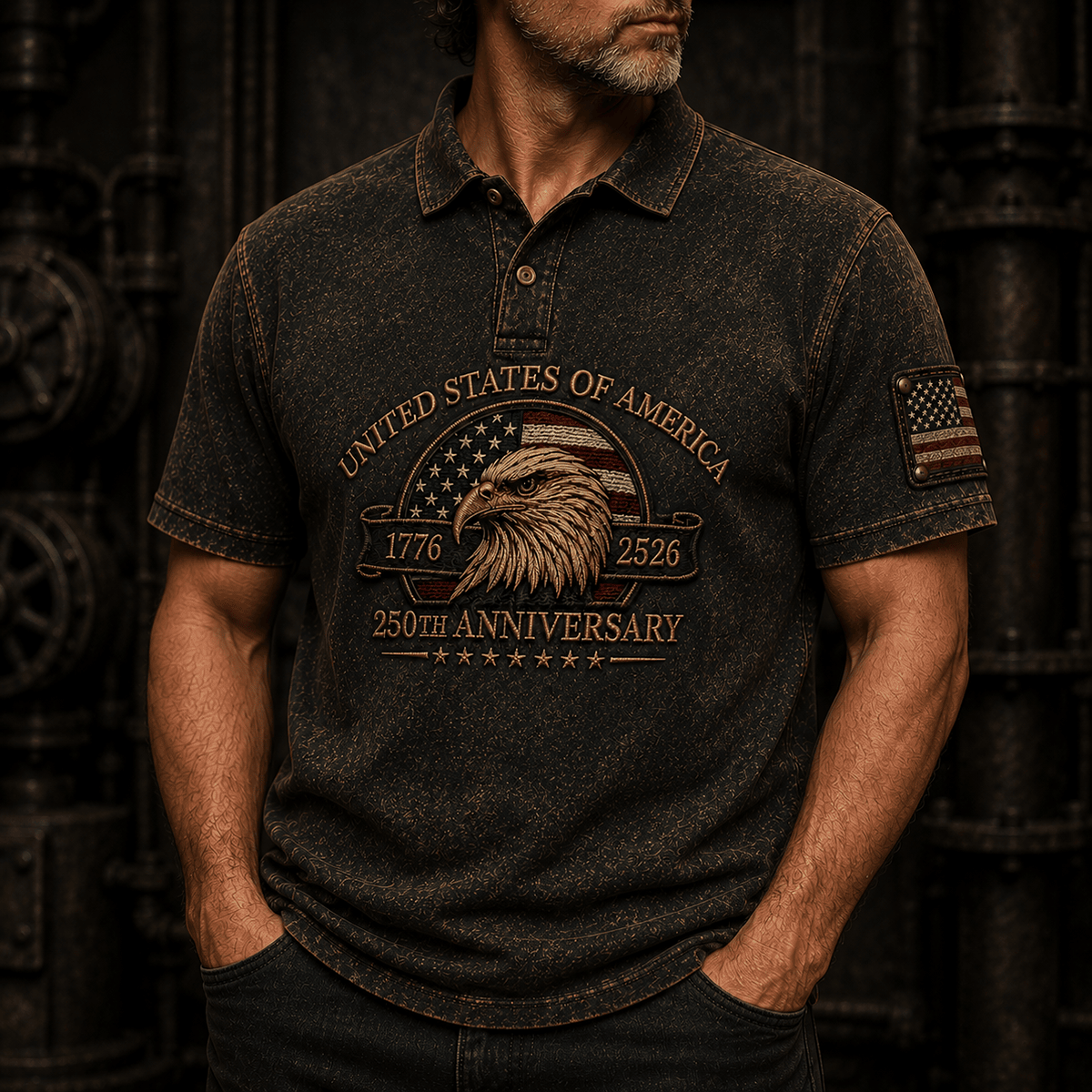 United States of America 250th Anniversary 1776 2526 Eagle Printed Polo Shirt Patriotic Gift for Dad Independence Day