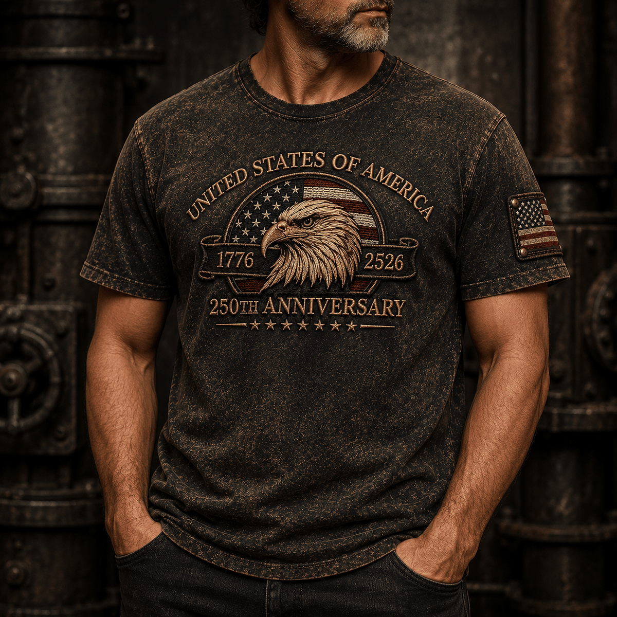 United States of America 250th Anniversary 1776 2526 Eagle Printed T-Shirt Patriotic Gift for Dad Independence Day
