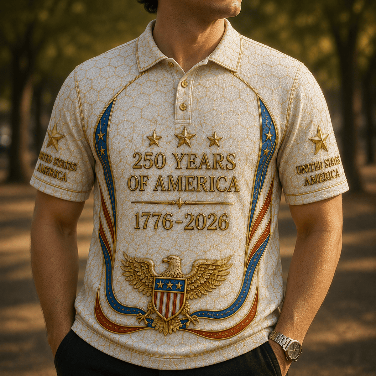 250 Years of America 1776-2026 Eagle Printed Polo Shirt United States America 250th Anniversary Patriotic Gift