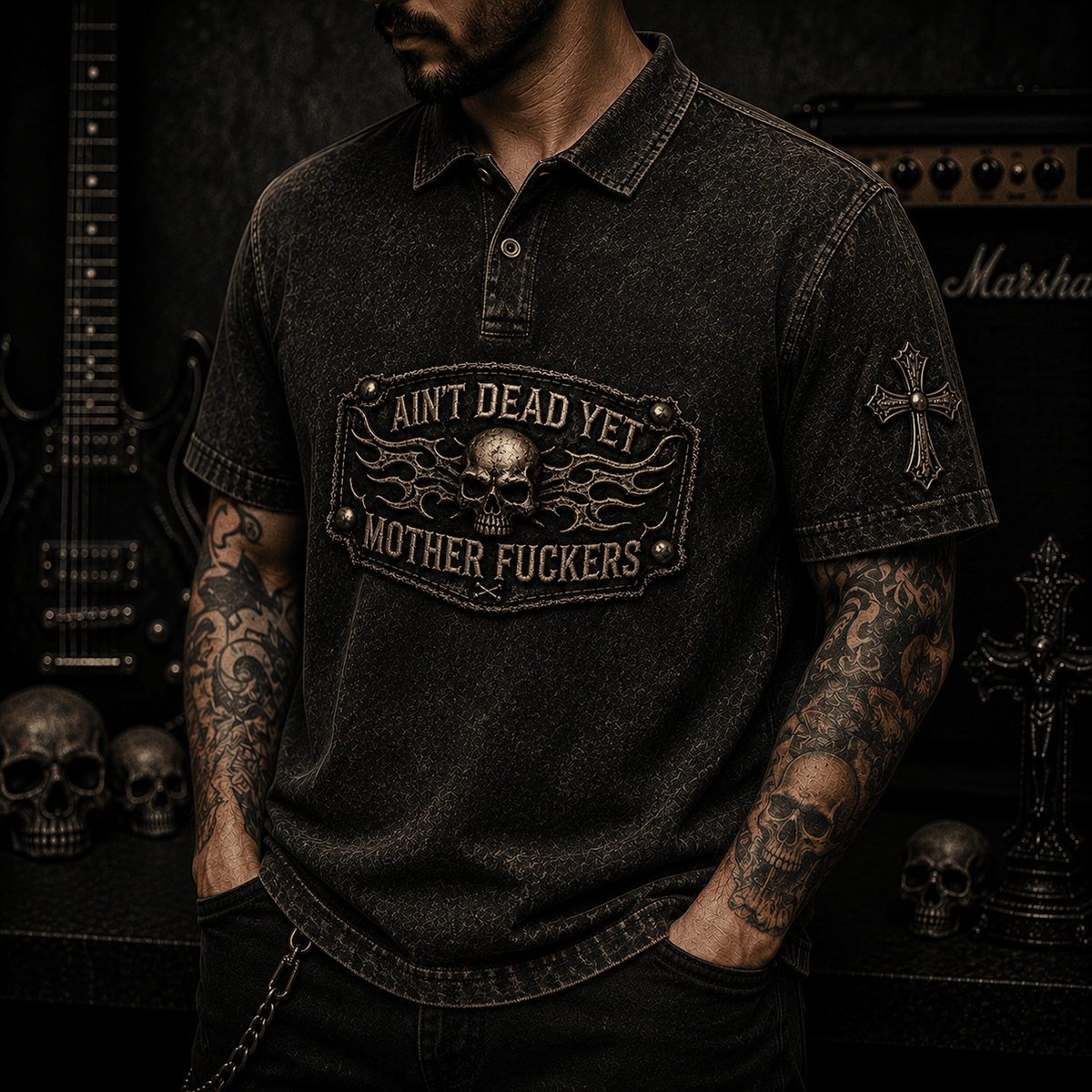 Ain't Dead Yet Mother Fuckers Printed Polo Shirt Skull Biker Polo Gothic Vintage Graphic Shirt for Men Rock Gift