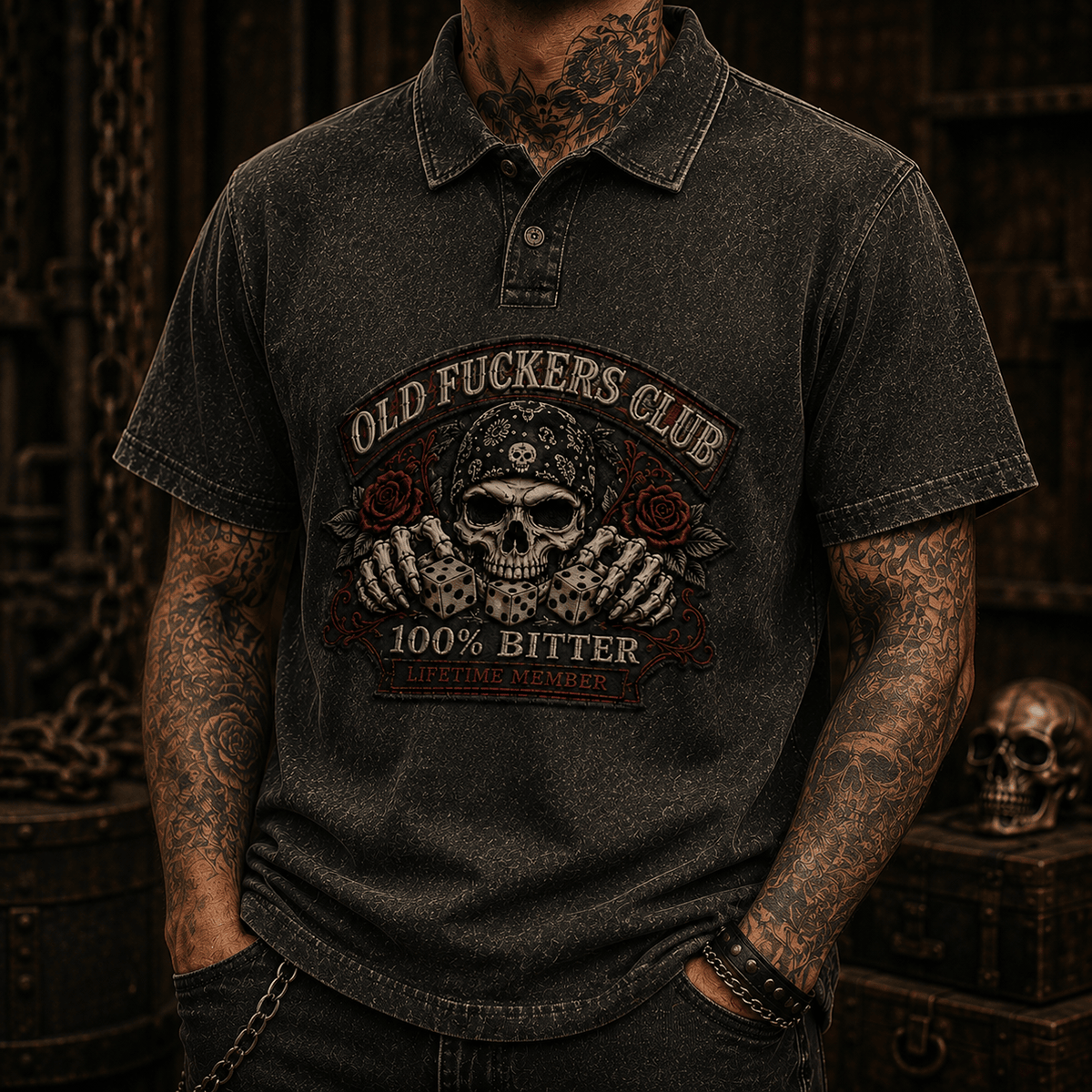Old Fuckers Club Bitter Lifetime Member Printed Polo Shirt Skull Biker Polo Vintage Graphic Shirt for Men